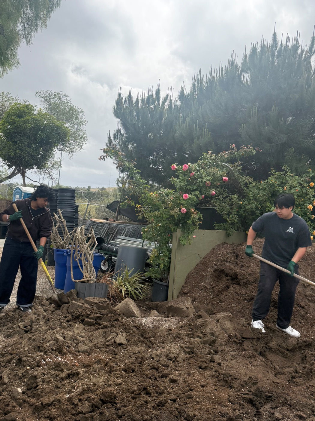 Volunteers working with soil and plants at a nursery